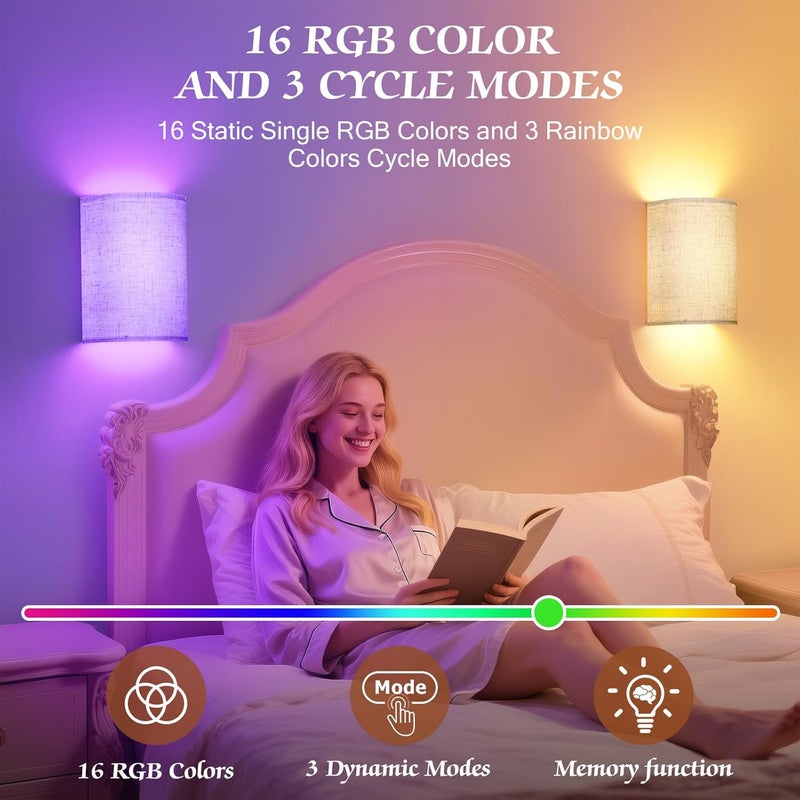 OCATO Battery Operated Wall Sconce: Wireless Wall Sconces Set of Two Magnetic Lamp Rechargeable Lights Dimmable with 16 RGB Colors Fabric Linen Shade with Remote Walls Decor for Bedroom Living Room - Image 4